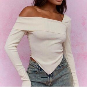 Missguided Cream Ribbed Asymmetric Top